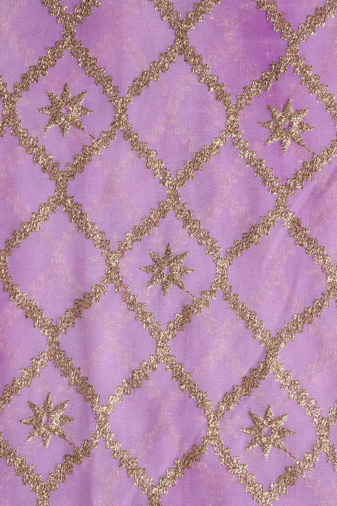 Purple And Pink Tie & Dye Gold Zari Ogee Embroidery Work Georgette Fabric