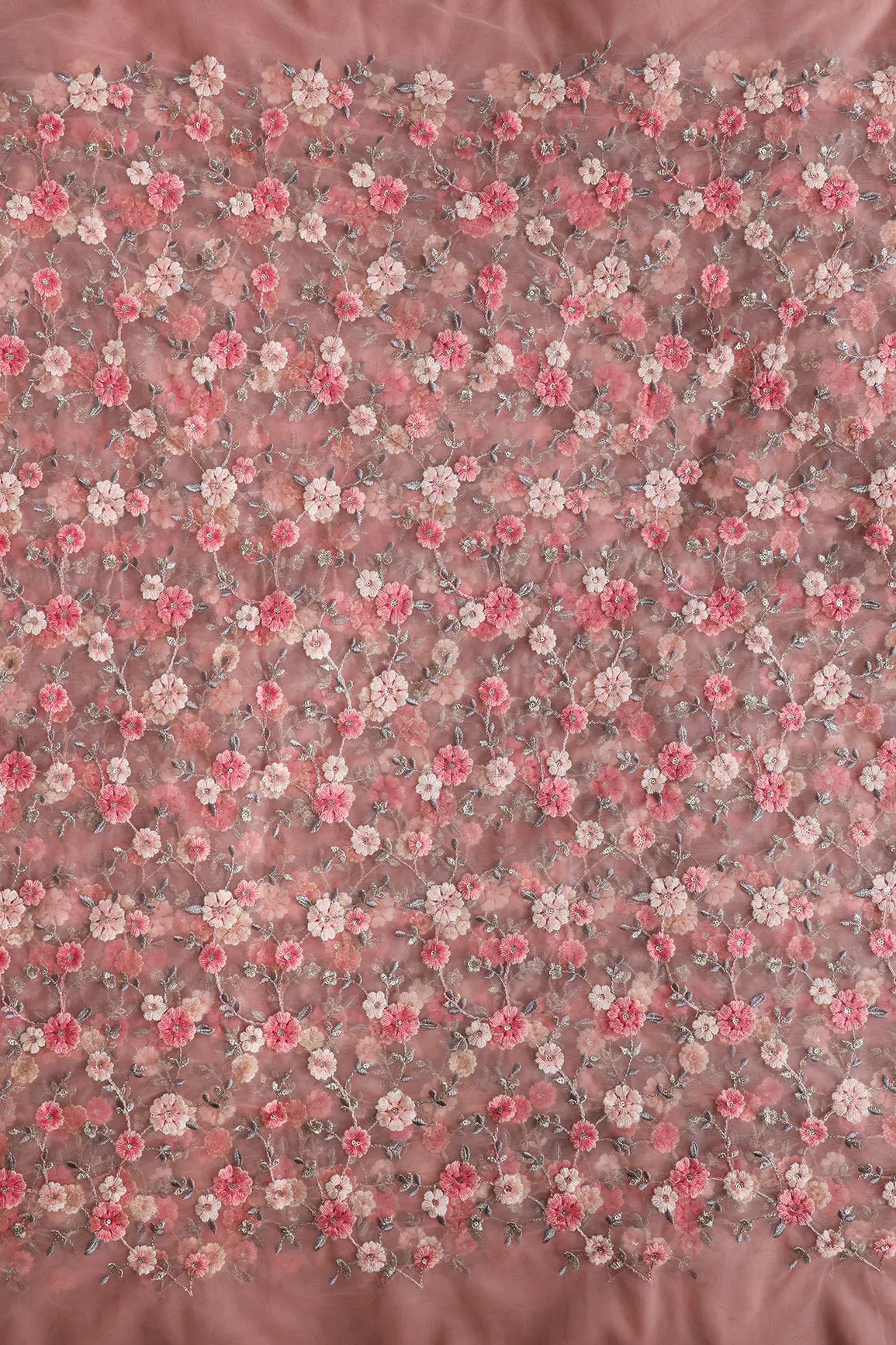 Pink And Cream Thread With Gold Sequins Floral Embroidery On Dusty Peach Soft Net Fabric