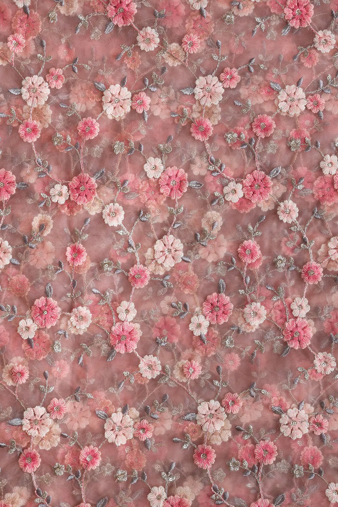 Pink And Cream Thread With Gold Sequins Floral Embroidery On Dusty Peach Soft Net Fabric