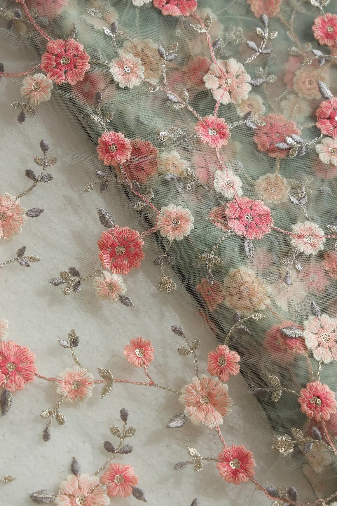 Pink And Cream Thread With Gold Sequins Floral Embroidery On Dusty Olive Soft Net Fabric