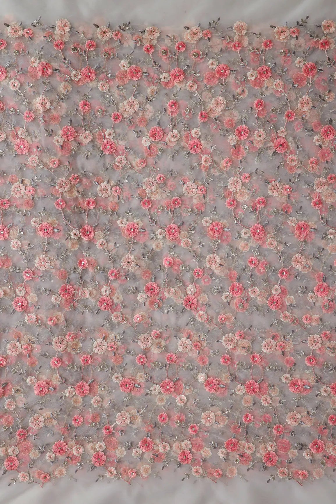 Pink And Cream Thread With Gold Sequins Floral Embroidery On Dyeable White Soft Net Fabric