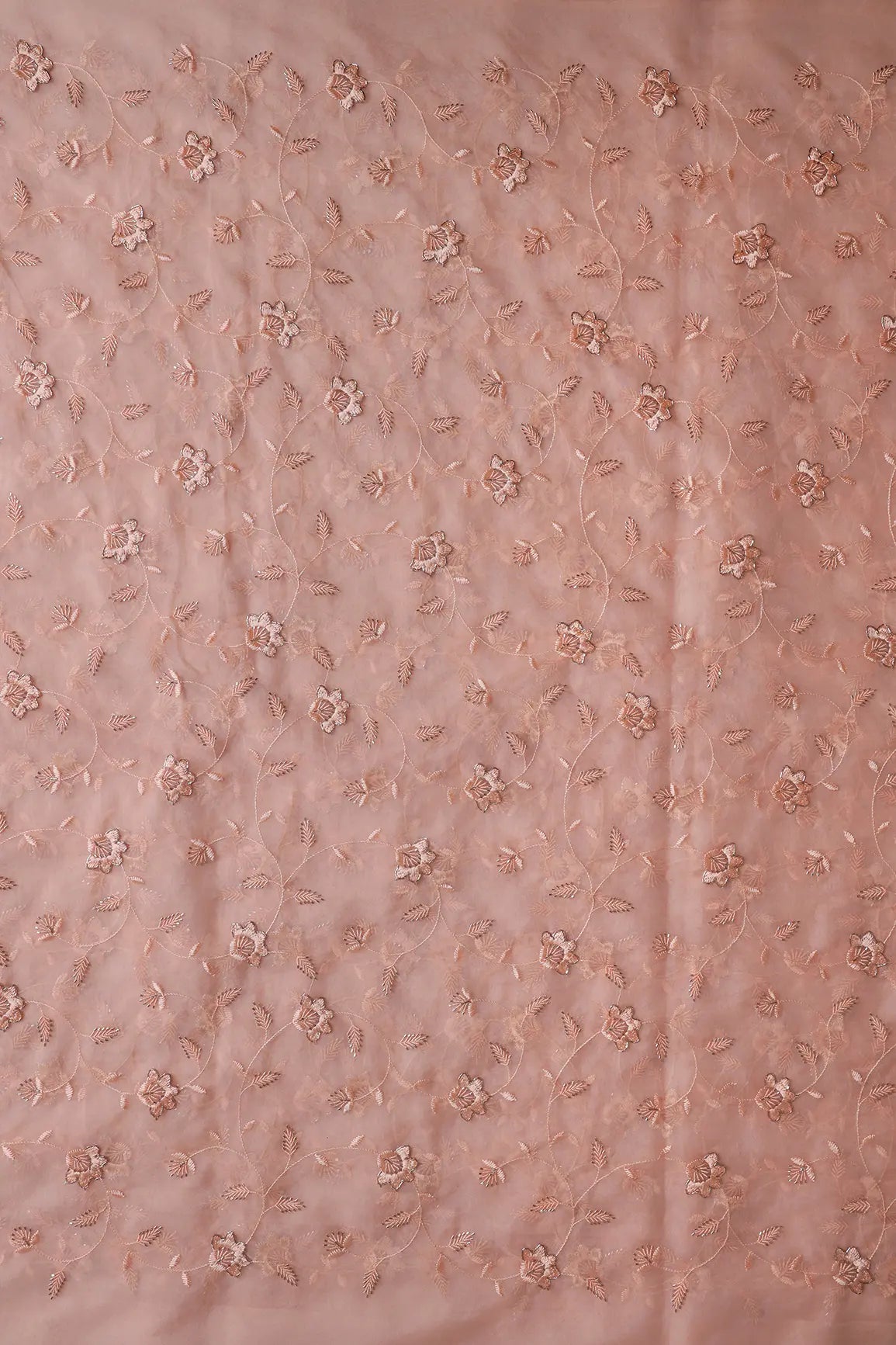 Peach Thread With Beads Floral Embroidery On Peach Organza Fabric