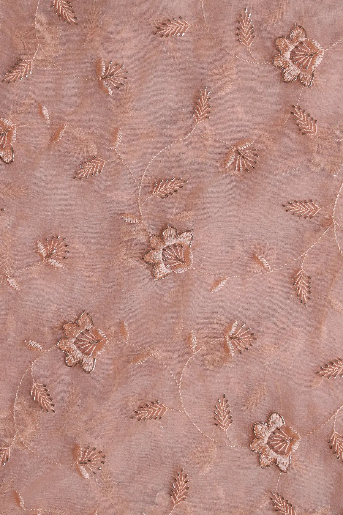 Peach Thread With Beads Floral Embroidery On Peach Organza Fabric