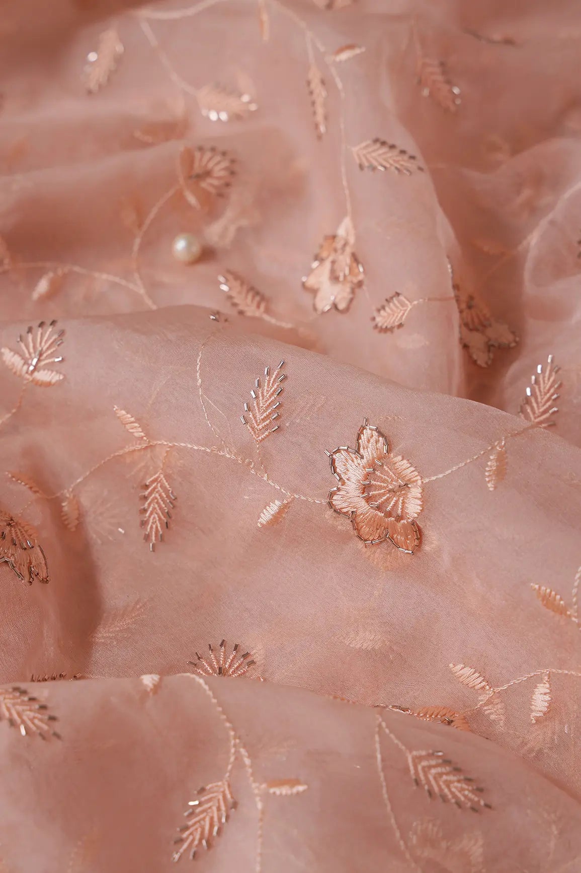 Peach Thread With Beads Floral Embroidery On Peach Organza Fabric