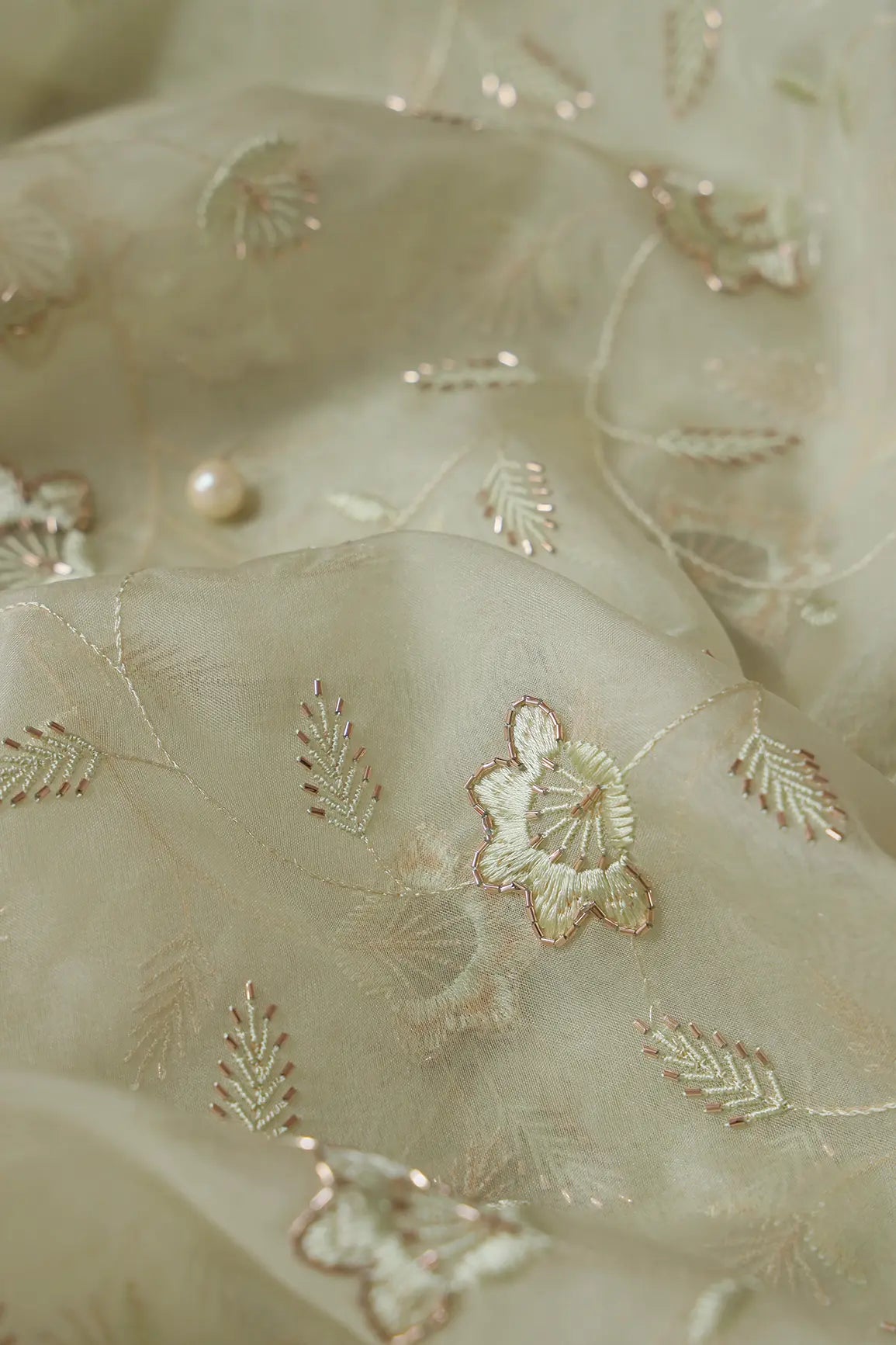 Olive Thread With Beads Floral Embroidery On Olive Organza Fabric