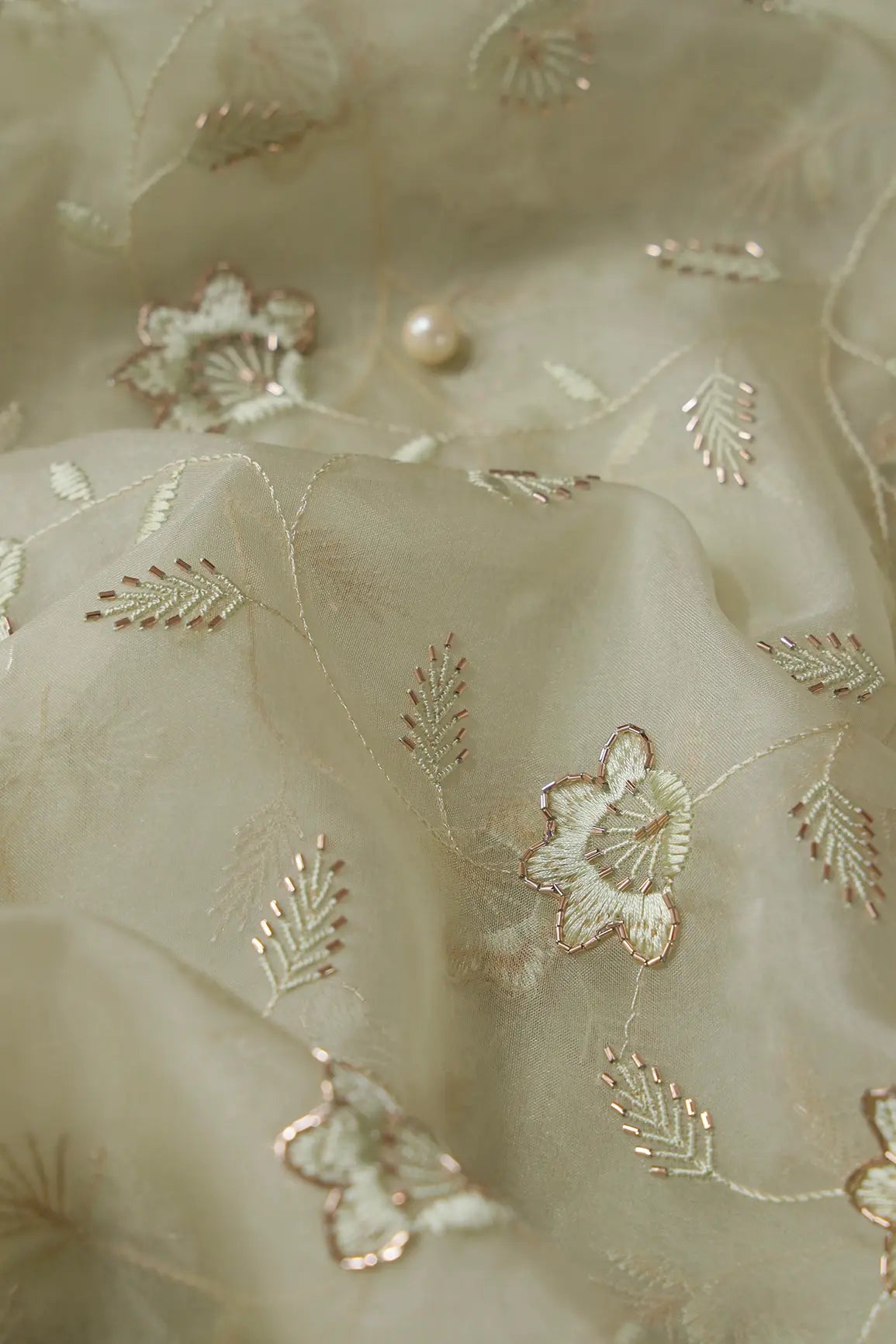 Olive Thread With Beads Floral Embroidery On Olive Organza Fabric