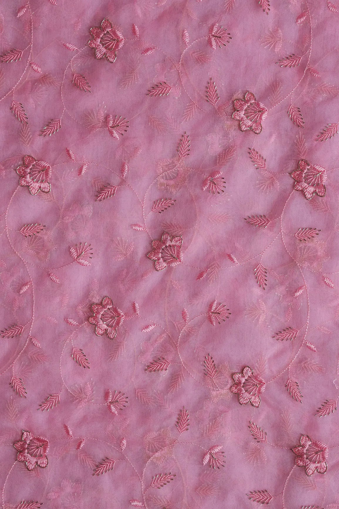 Pink Thread With Beads Floral Embroidery On Pink Organza Fabric