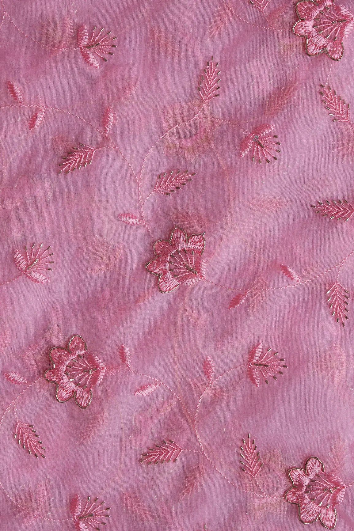 Pink Thread With Beads Floral Embroidery On Pink Organza Fabric