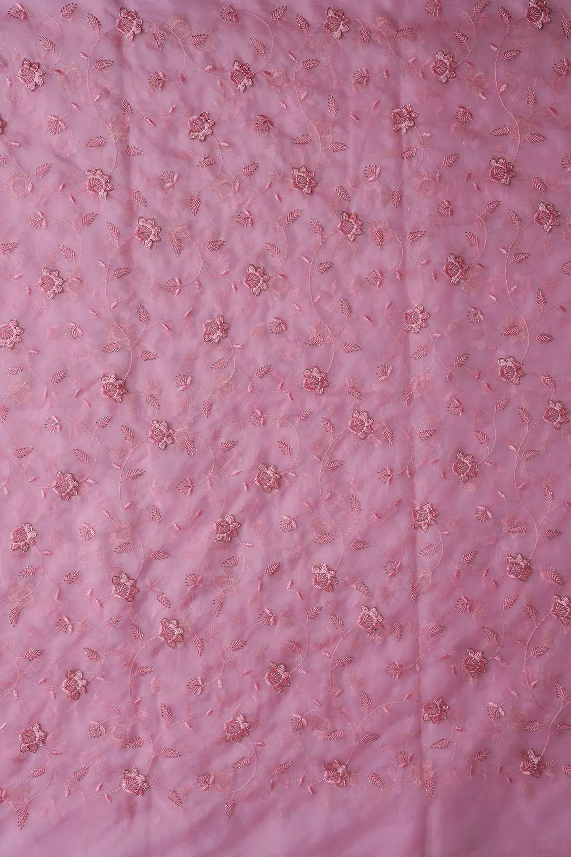 Pink Thread With Beads Floral Embroidery On Pink Organza Fabric