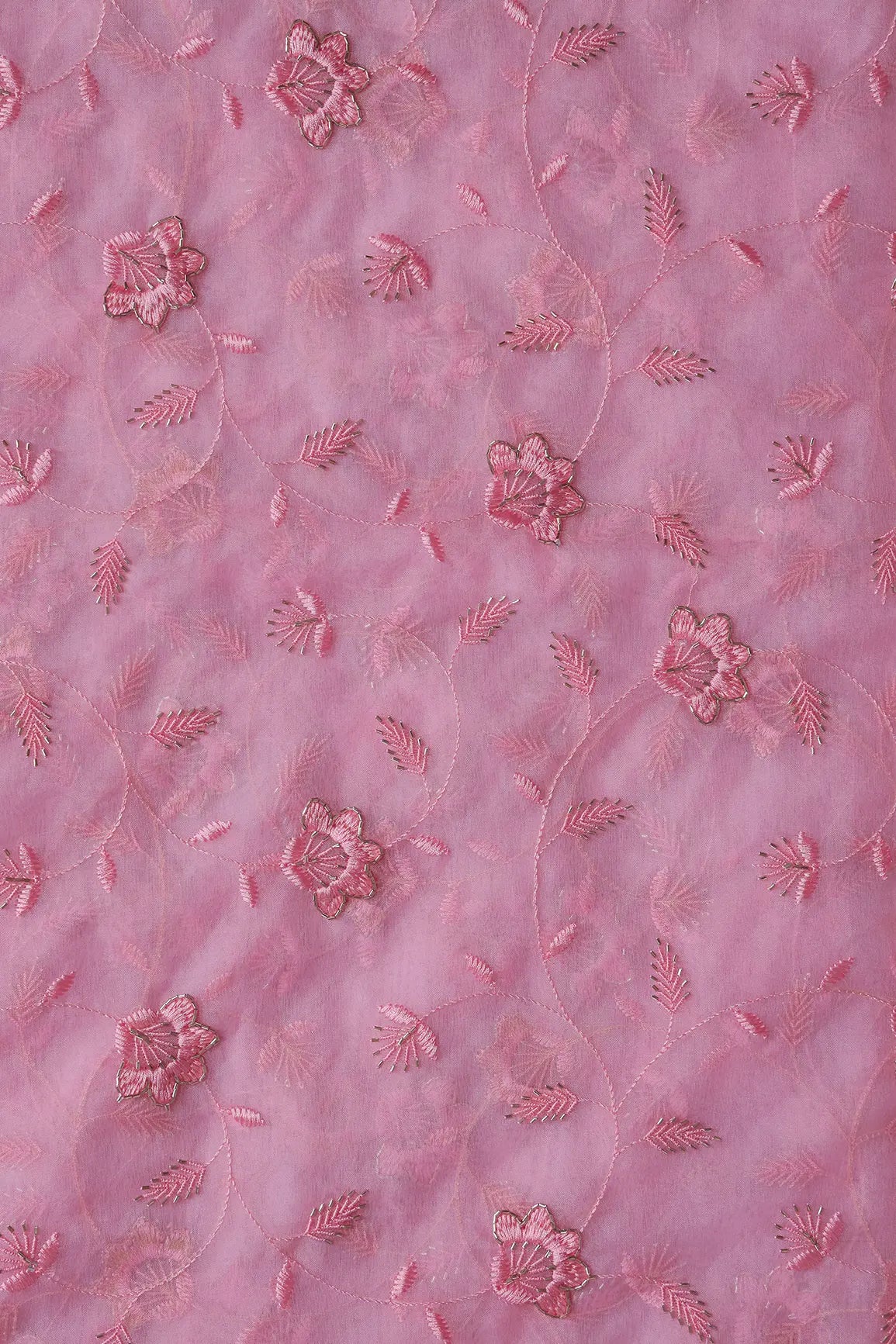 Pink Thread With Beads Floral Embroidery On Pink Organza Fabric