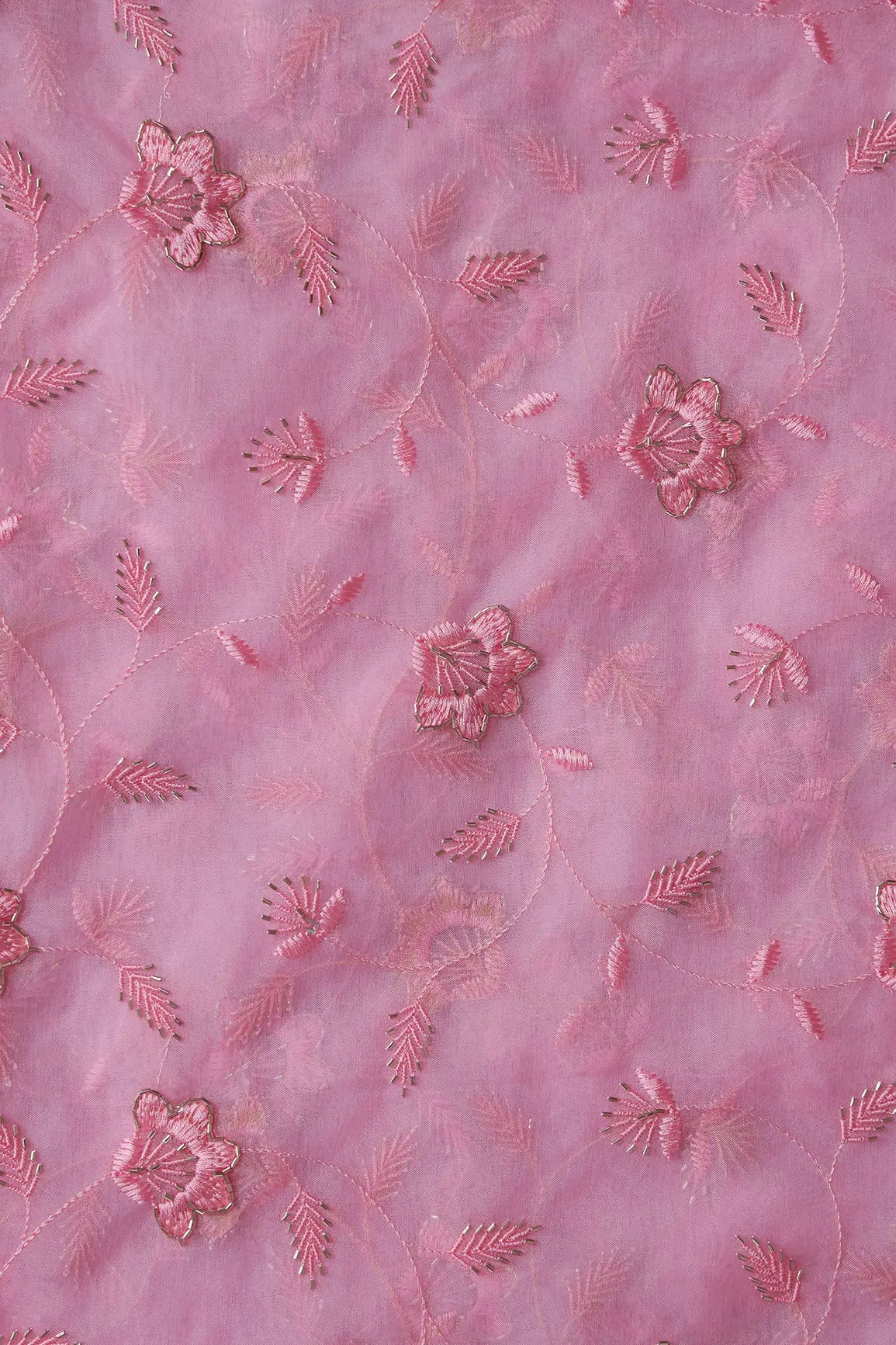 Pink Thread With Beads Floral Embroidery On Pink Organza Fabric