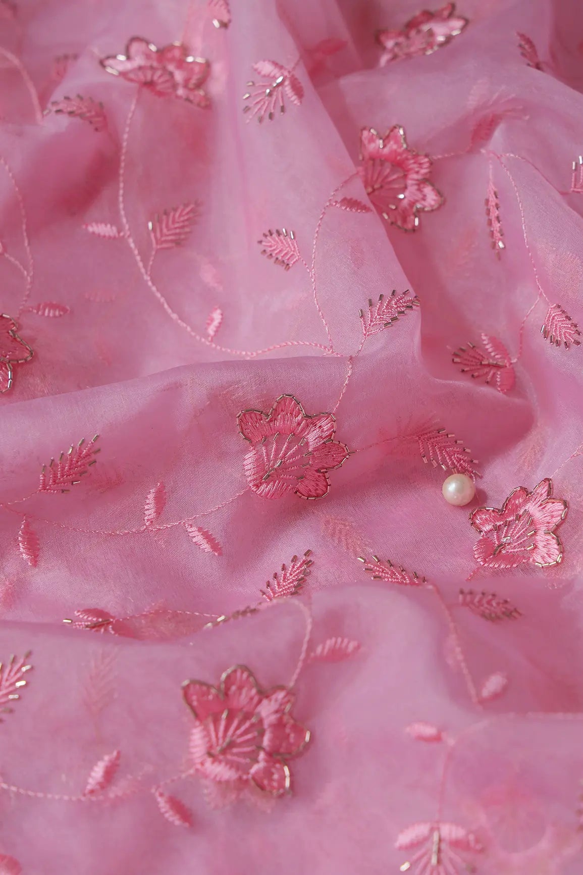 Pink Thread With Beads Floral Embroidery On Pink Organza Fabric