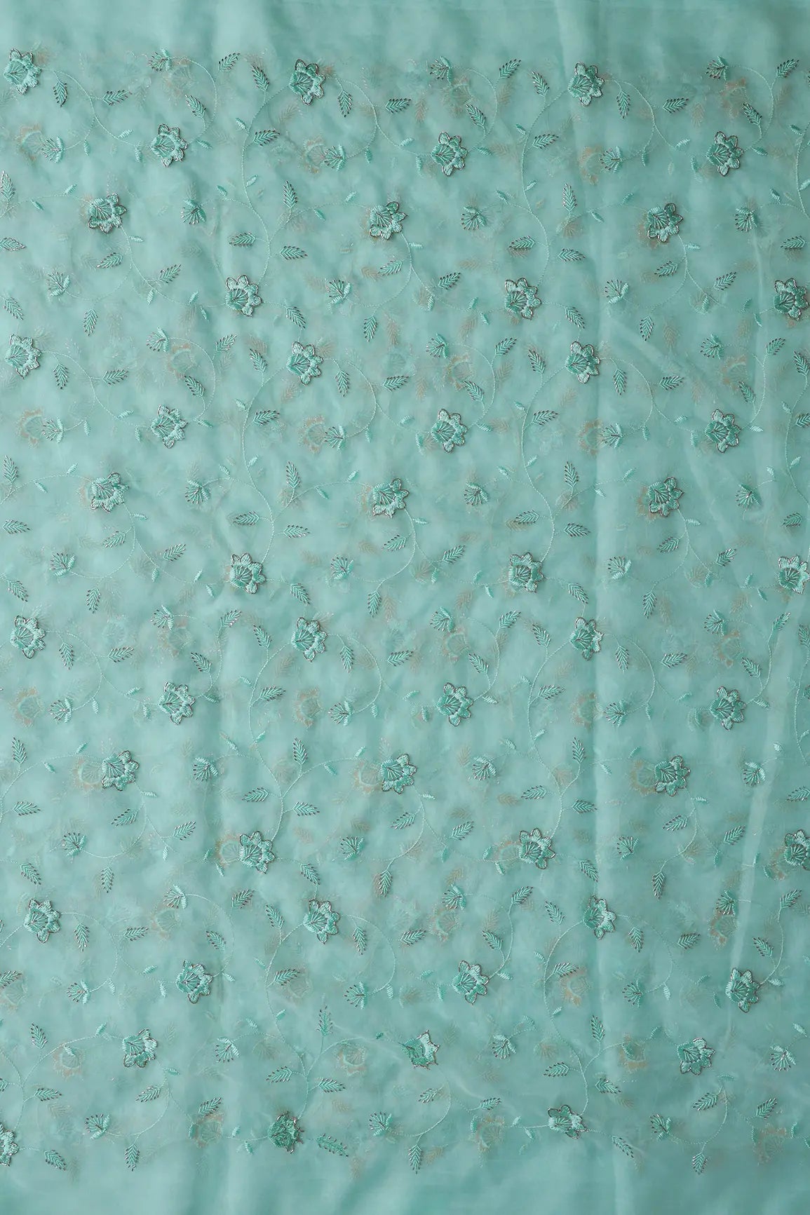 Sea Green Thread With Beads Floral Embroidery On Sea Green Organza Fabric