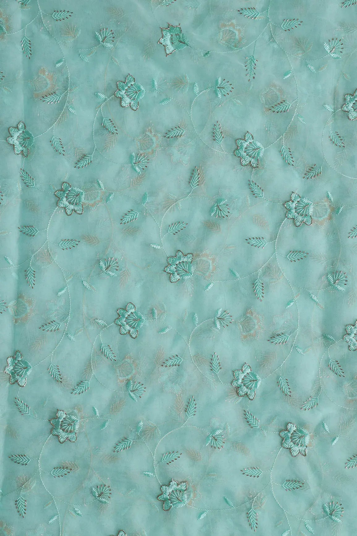 Sea Green Thread With Beads Floral Embroidery On Sea Green Organza Fabric