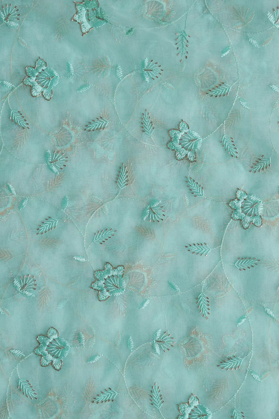 Sea Green Thread With Beads Floral Embroidery On Sea Green Organza Fabric