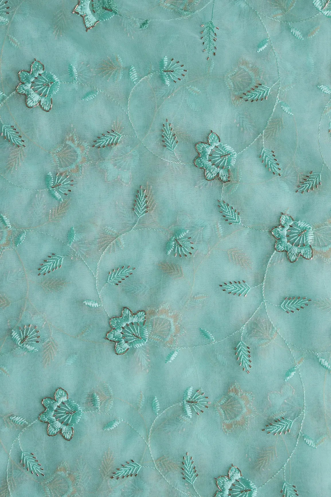 Sea Green Thread With Beads Floral Embroidery On Sea Green Organza Fabric