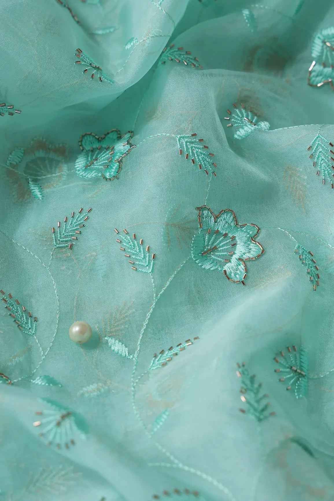 Sea Green Thread With Beads Floral Embroidery On Sea Green Organza Fabric