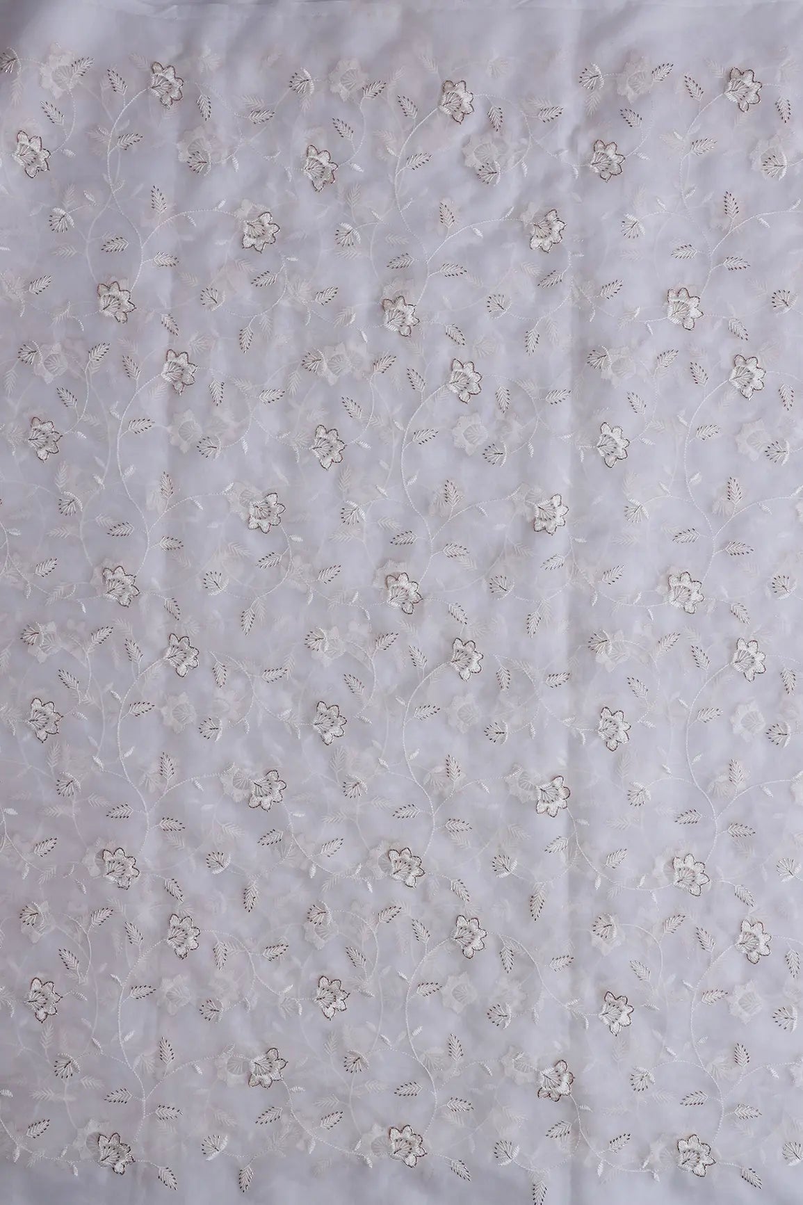 White Thread With Beads Floral Embroidery On Dyeable White Organza Fabric