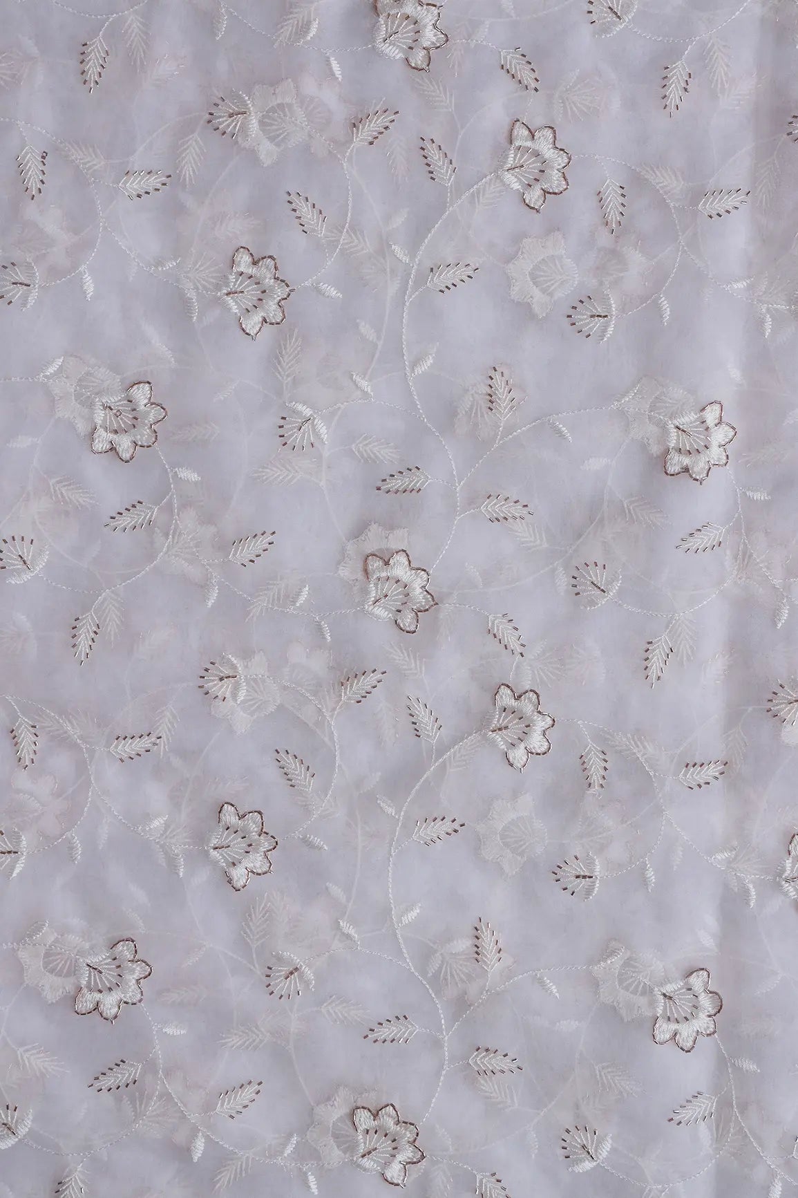 White Thread With Beads Floral Embroidery On Dyeable White Organza Fabric