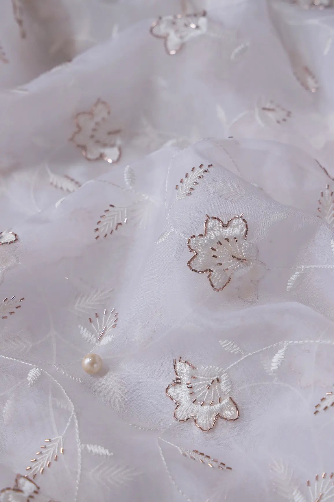 White Thread With Beads Floral Embroidery On Dyeable White Organza Fabric