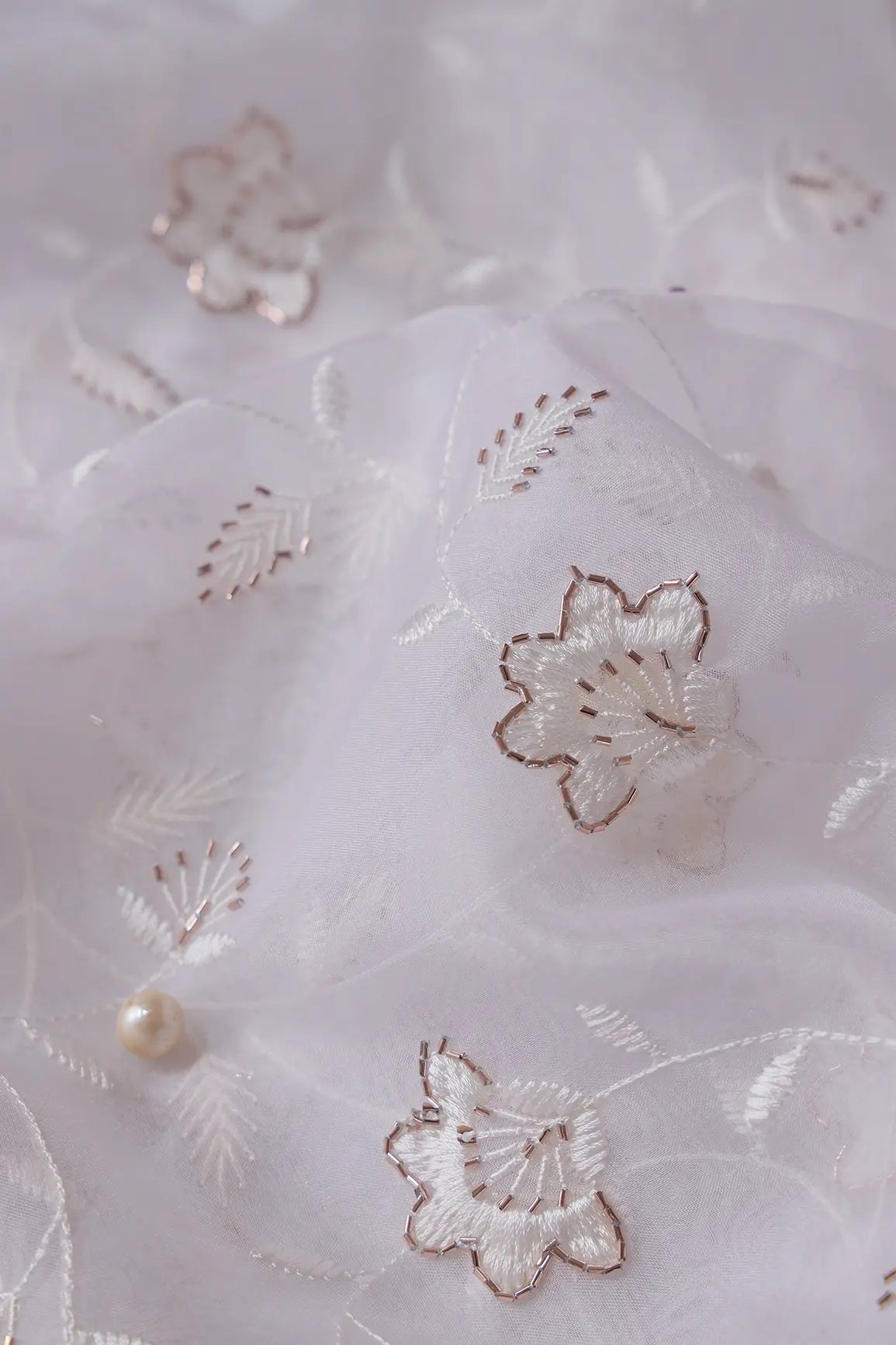 White Thread With Beads Floral Embroidery On Dyeable White Organza Fabric