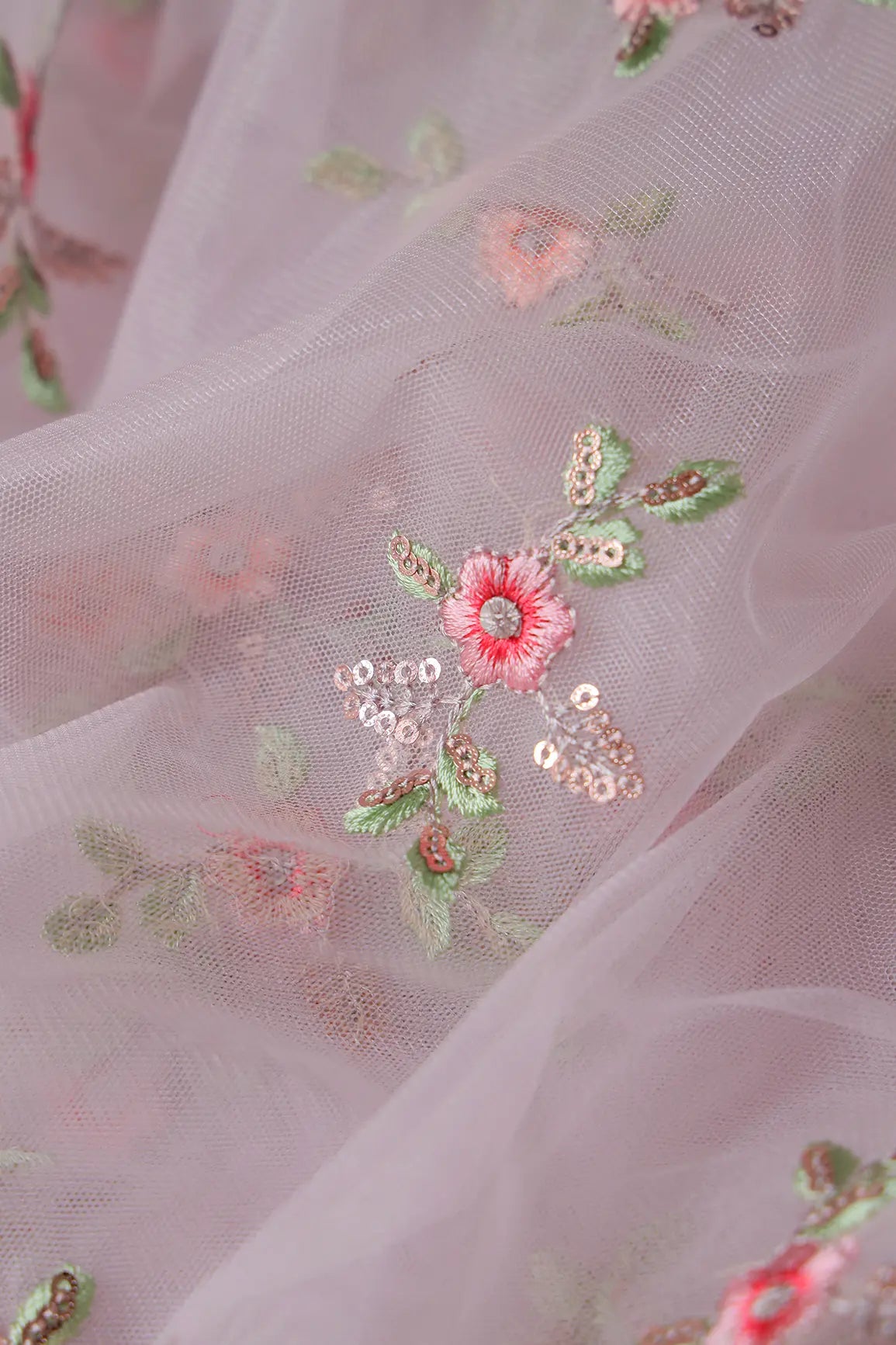 Olive And Pink Thread With Gold Sequins Floral Butta Embroidery On Purple Grey Soft Net Fabric