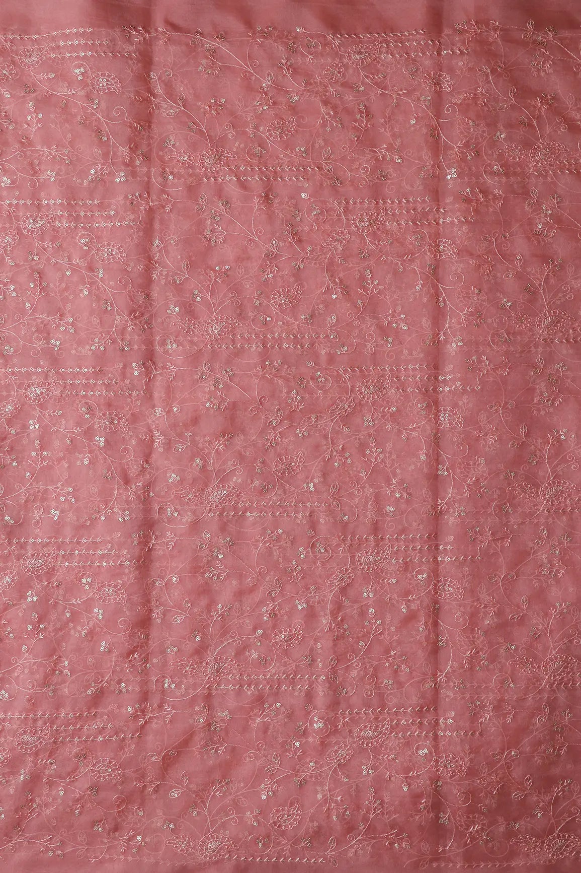 Pink Thread With Sequins Floral Embroidery On Gajri Pink Organza Fabric