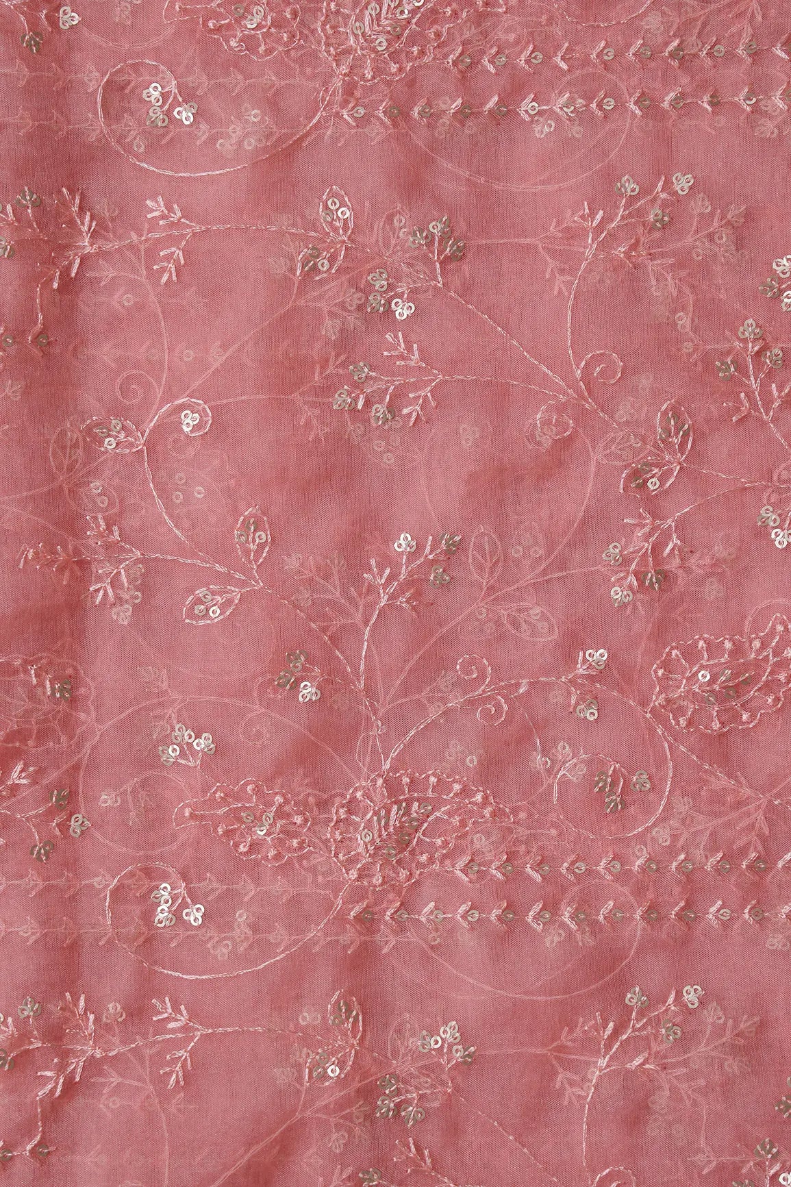 Pink Thread With Sequins Floral Embroidery On Gajri Pink Organza Fabric