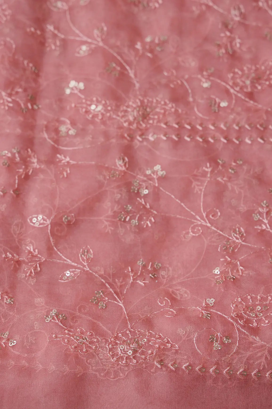 Pink Thread With Sequins Floral Embroidery On Gajri Pink Organza Fabric