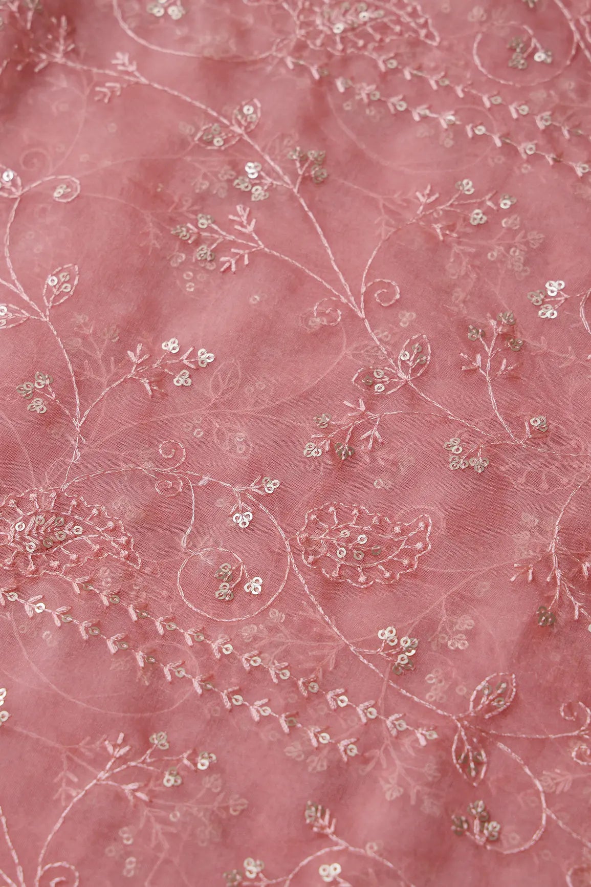 Pink Thread With Sequins Floral Embroidery On Gajri Pink Organza Fabric