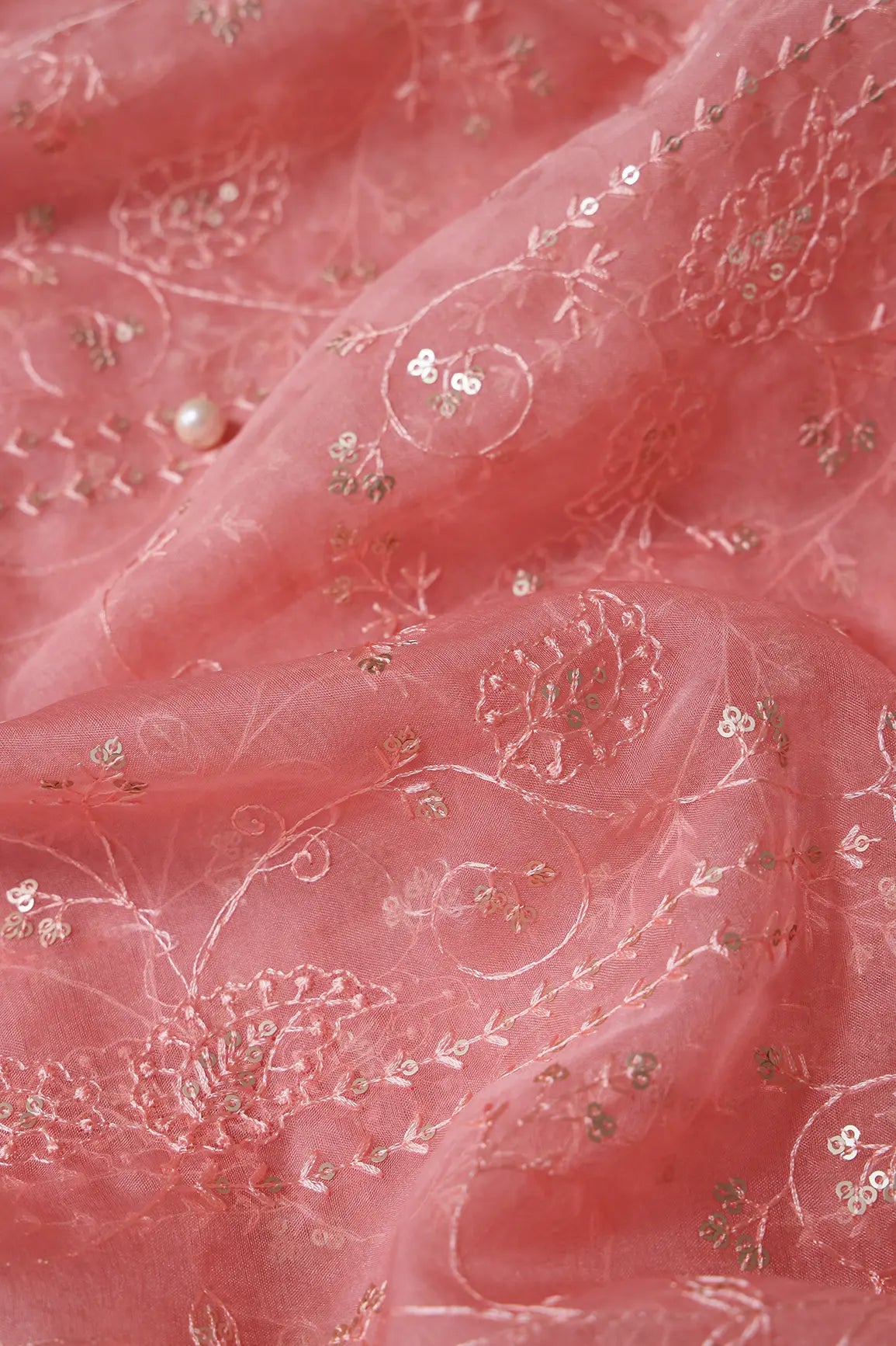 Pink Thread With Sequins Floral Embroidery On Gajri Pink Organza Fabric