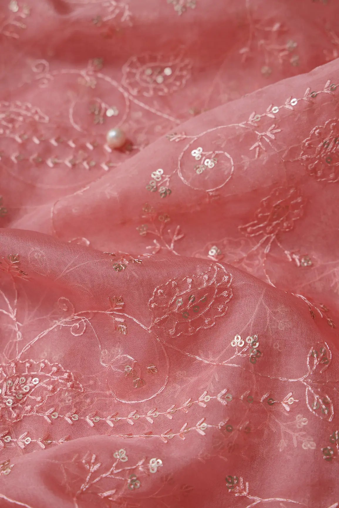 Pink Thread With Sequins Floral Embroidery On Gajri Pink Organza Fabric