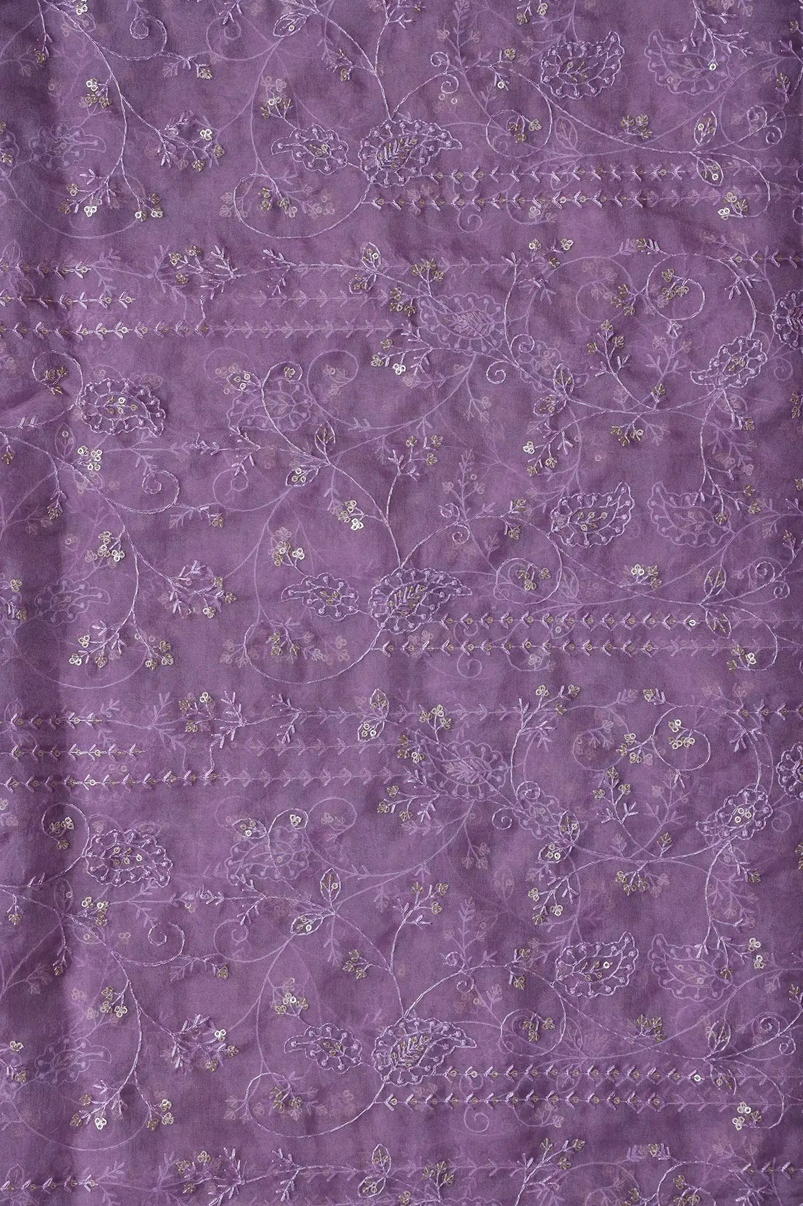 Lavender Thread With Sequins Floral Embroidery On Lavender Organza Fabric