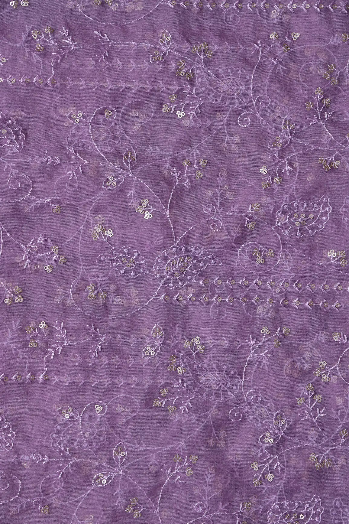 Lavender Thread With Sequins Floral Embroidery On Lavender Organza Fabric