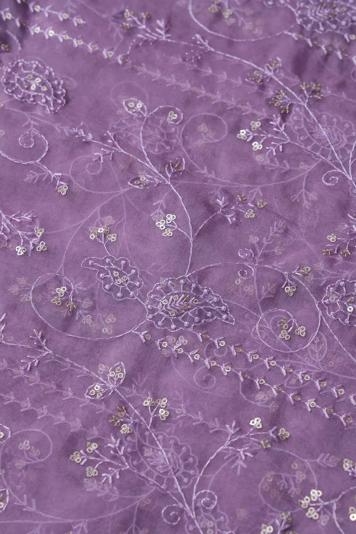 Lavender Thread With Sequins Floral Embroidery On Lavender Organza Fabric