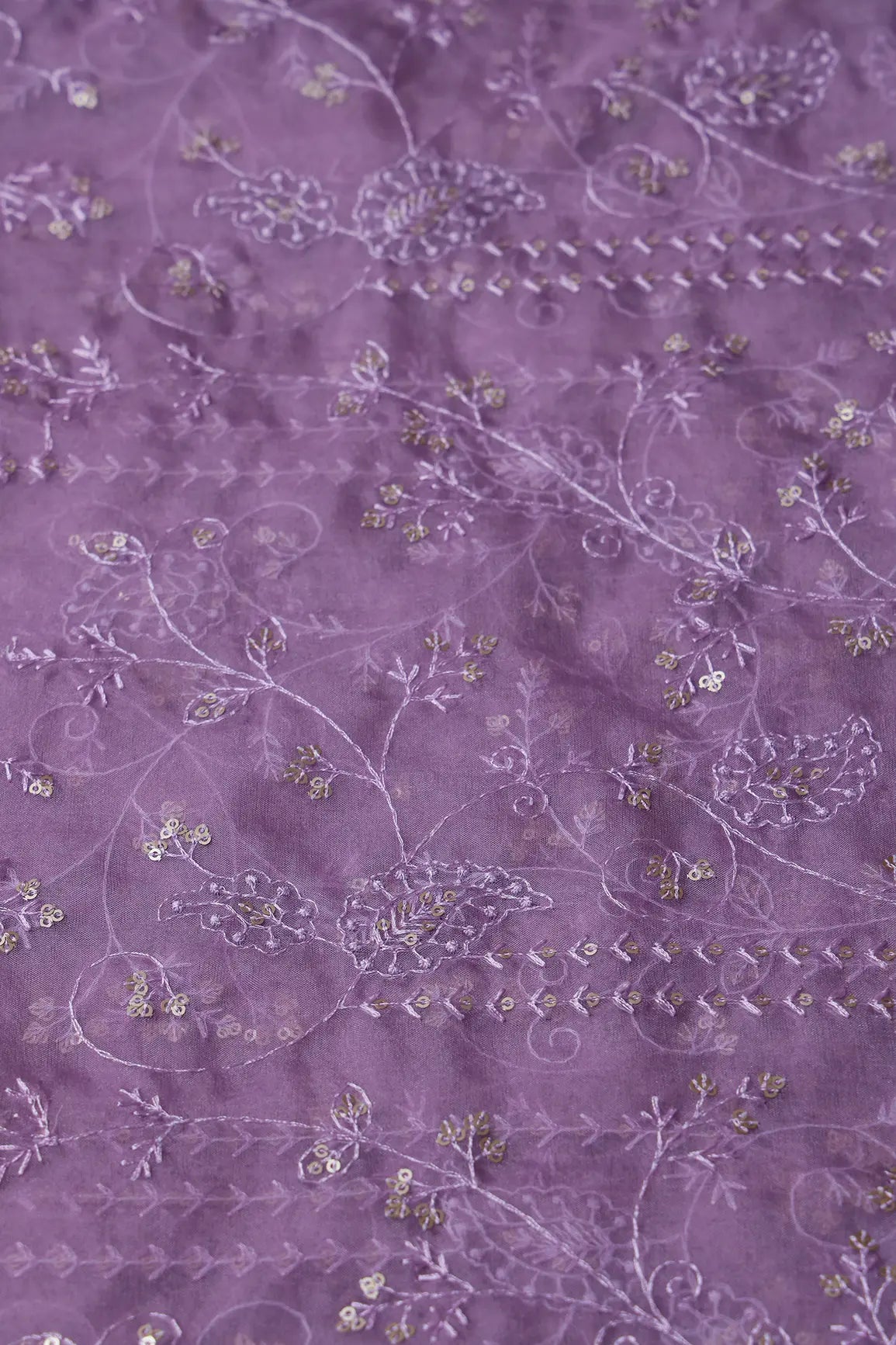 Lavender Thread With Sequins Floral Embroidery On Lavender Organza Fabric