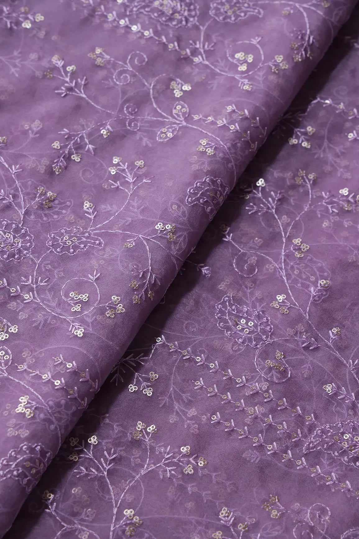 Lavender Thread With Sequins Floral Embroidery On Lavender Organza Fabric