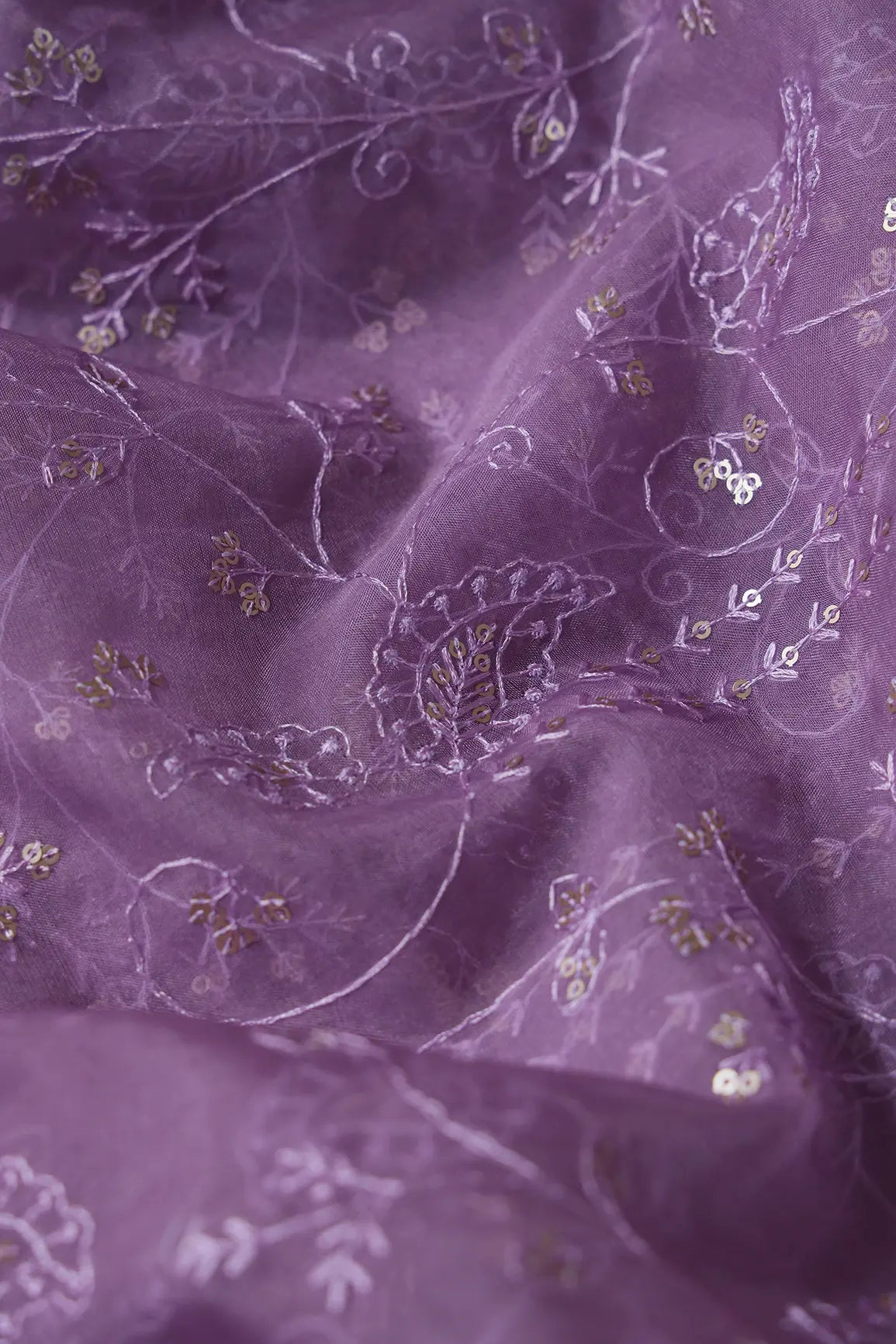 Lavender Thread With Sequins Floral Embroidery On Lavender Organza Fabric