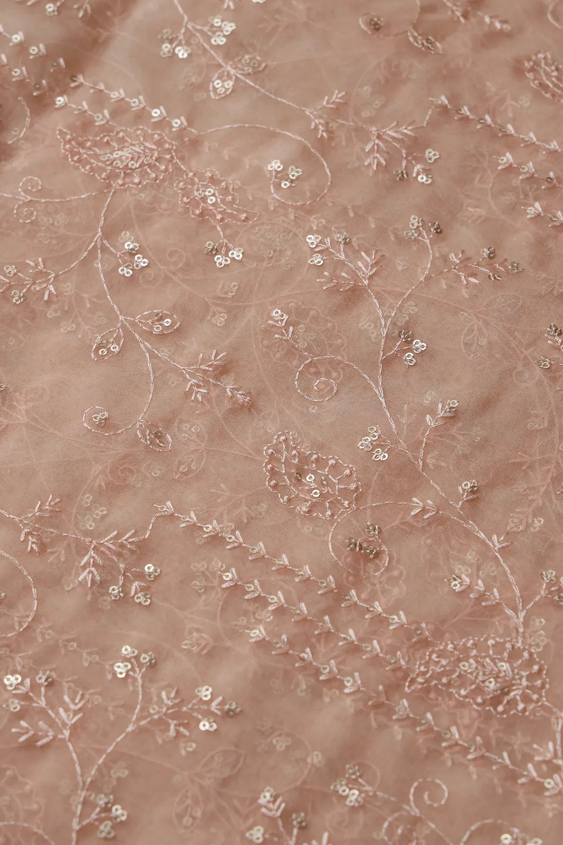 Peach Thread With Sequins Floral Embroidery On Peach Organza Fabric