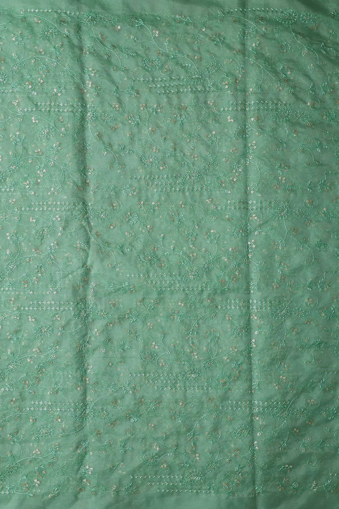 Olive Thread With Sequins Floral Embroidery On Olive Organza Fabric