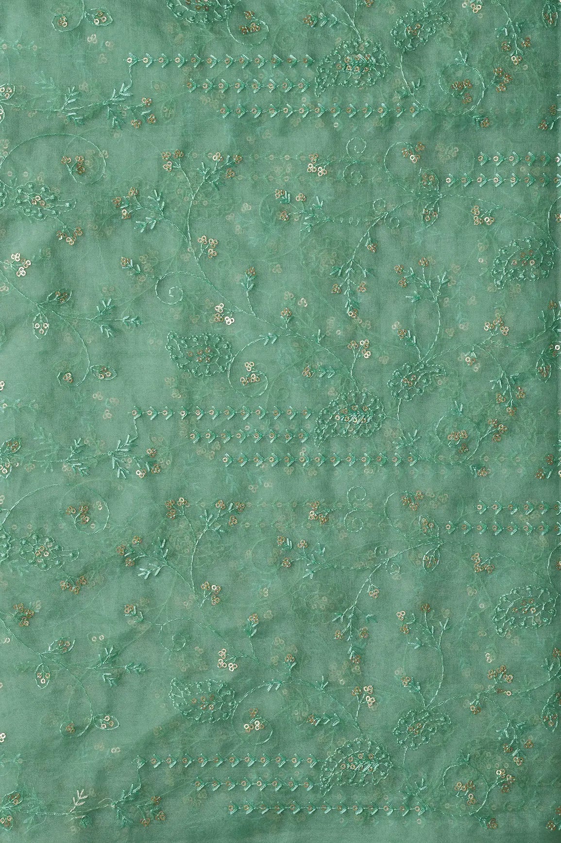 Olive Thread With Sequins Floral Embroidery On Olive Organza Fabric