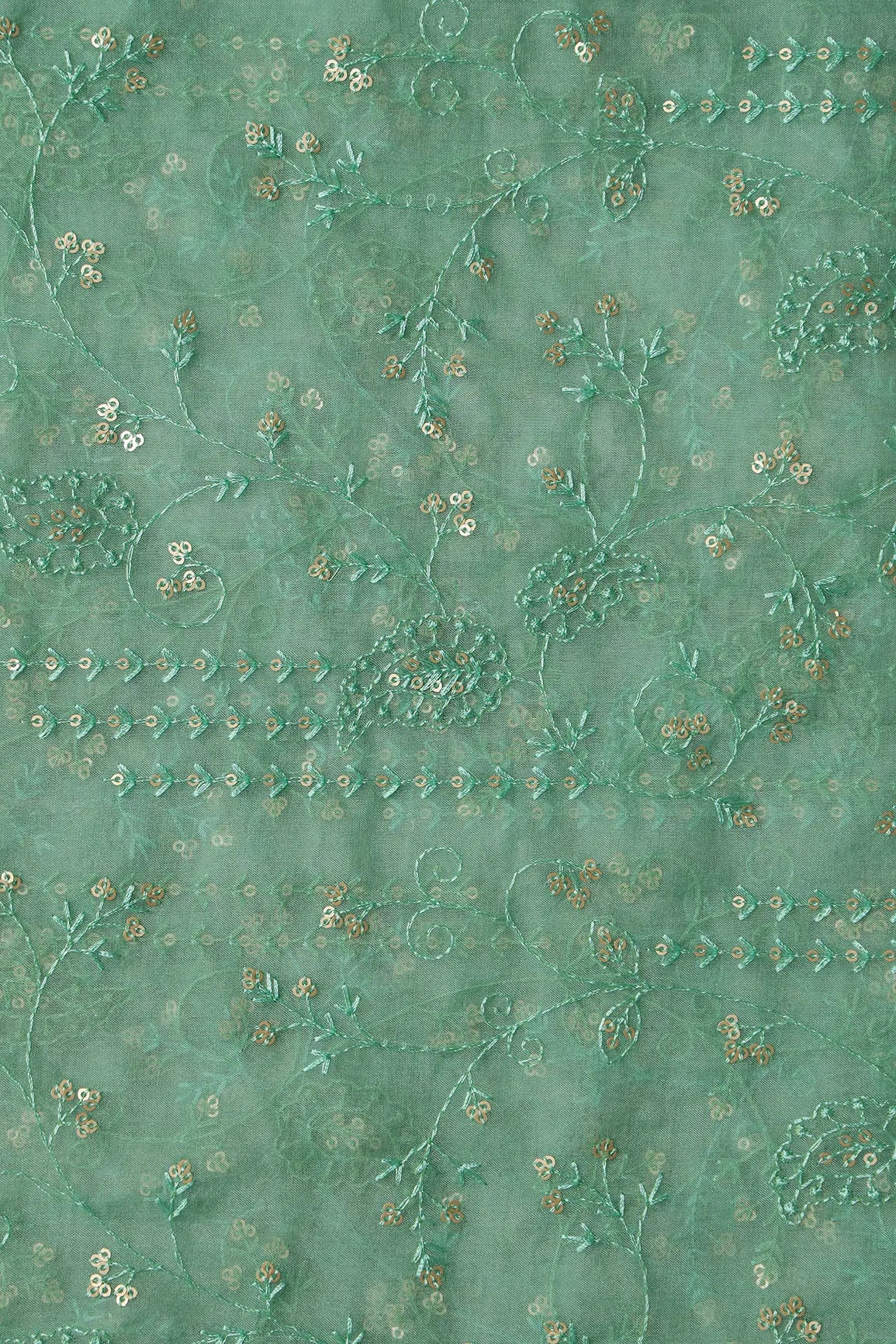 Olive Thread With Sequins Floral Embroidery On Olive Organza Fabric