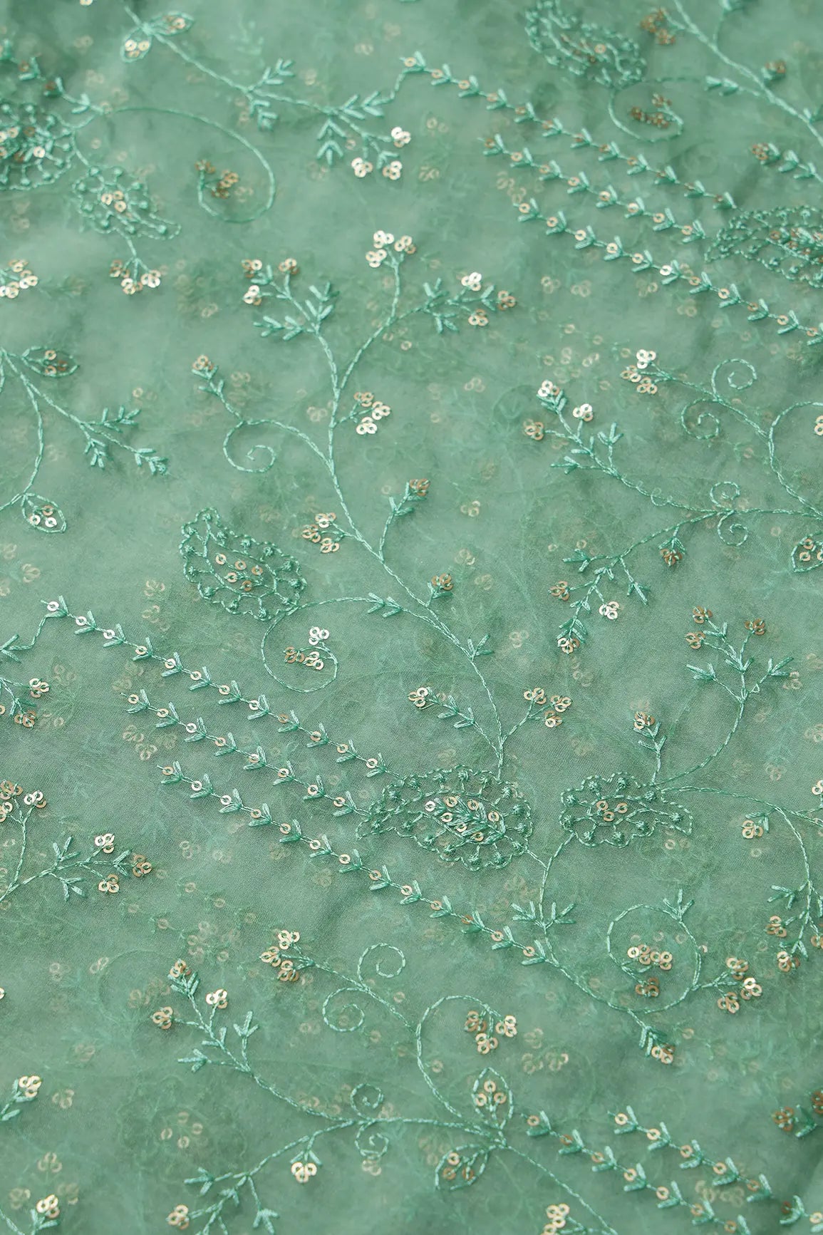 Olive Thread With Sequins Floral Embroidery On Olive Organza Fabric