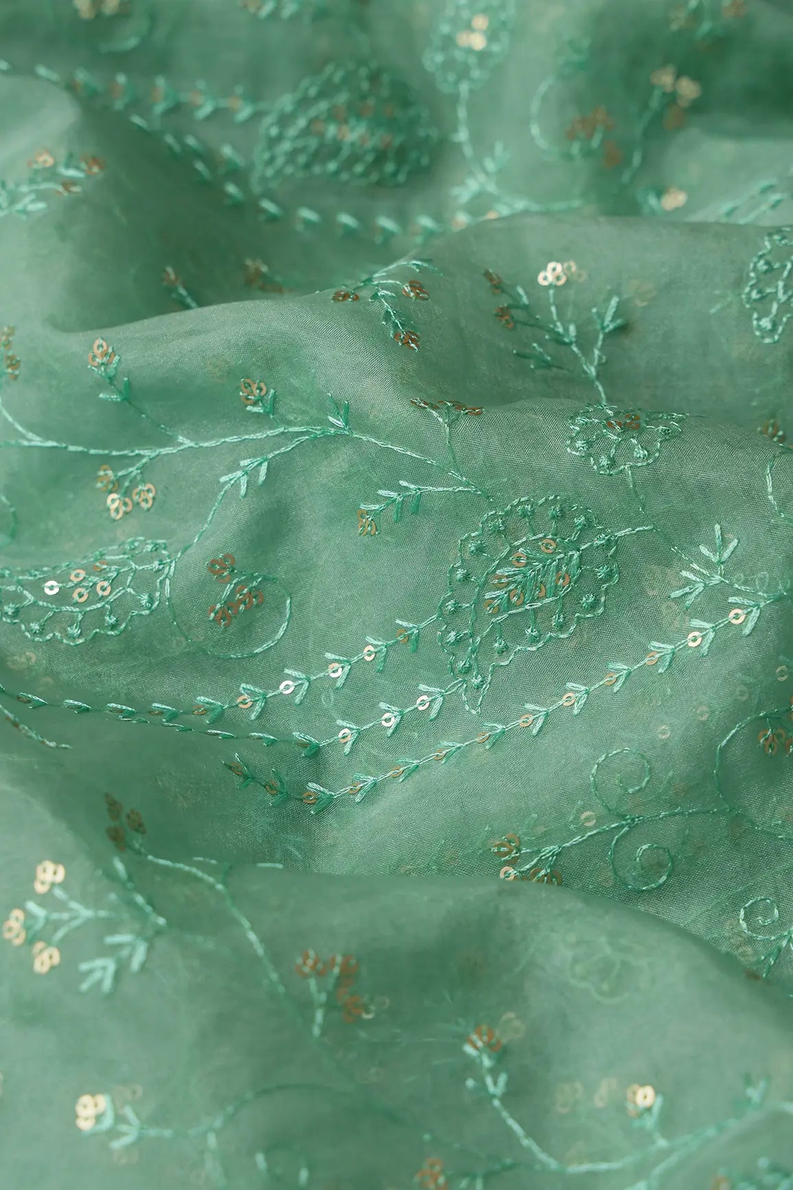 Olive Thread With Sequins Floral Embroidery On Olive Organza Fabric