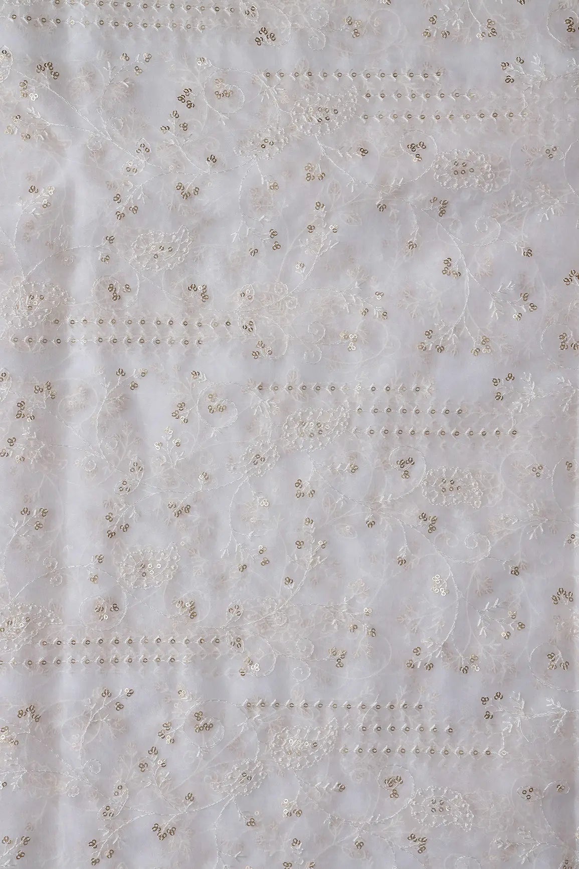 White Thread With Sequins Floral Embroidery On Dyeable White Organza Fabric