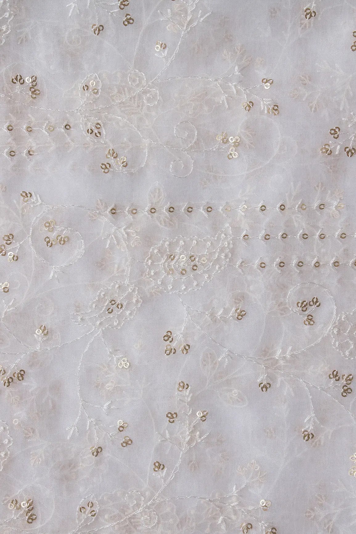 White Thread With Sequins Floral Embroidery On Dyeable White Organza Fabric