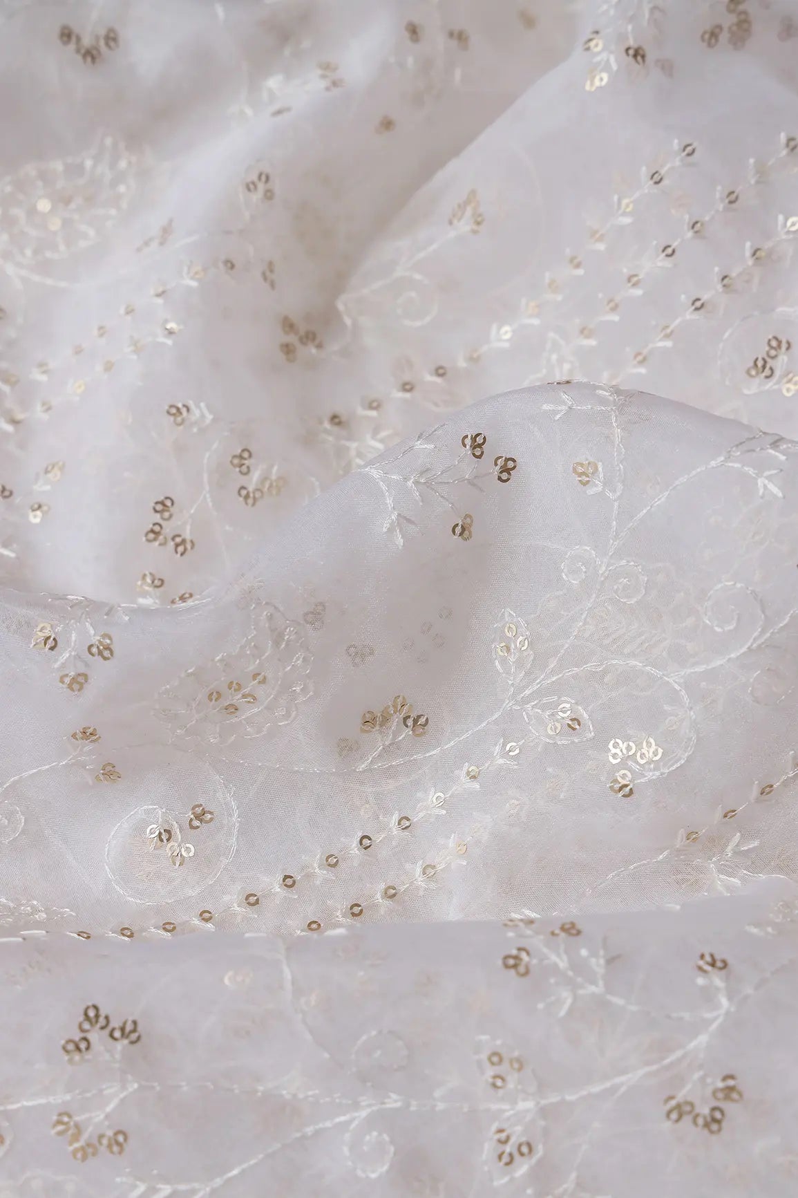 White Thread With Sequins Floral Embroidery On Dyeable White Organza Fabric