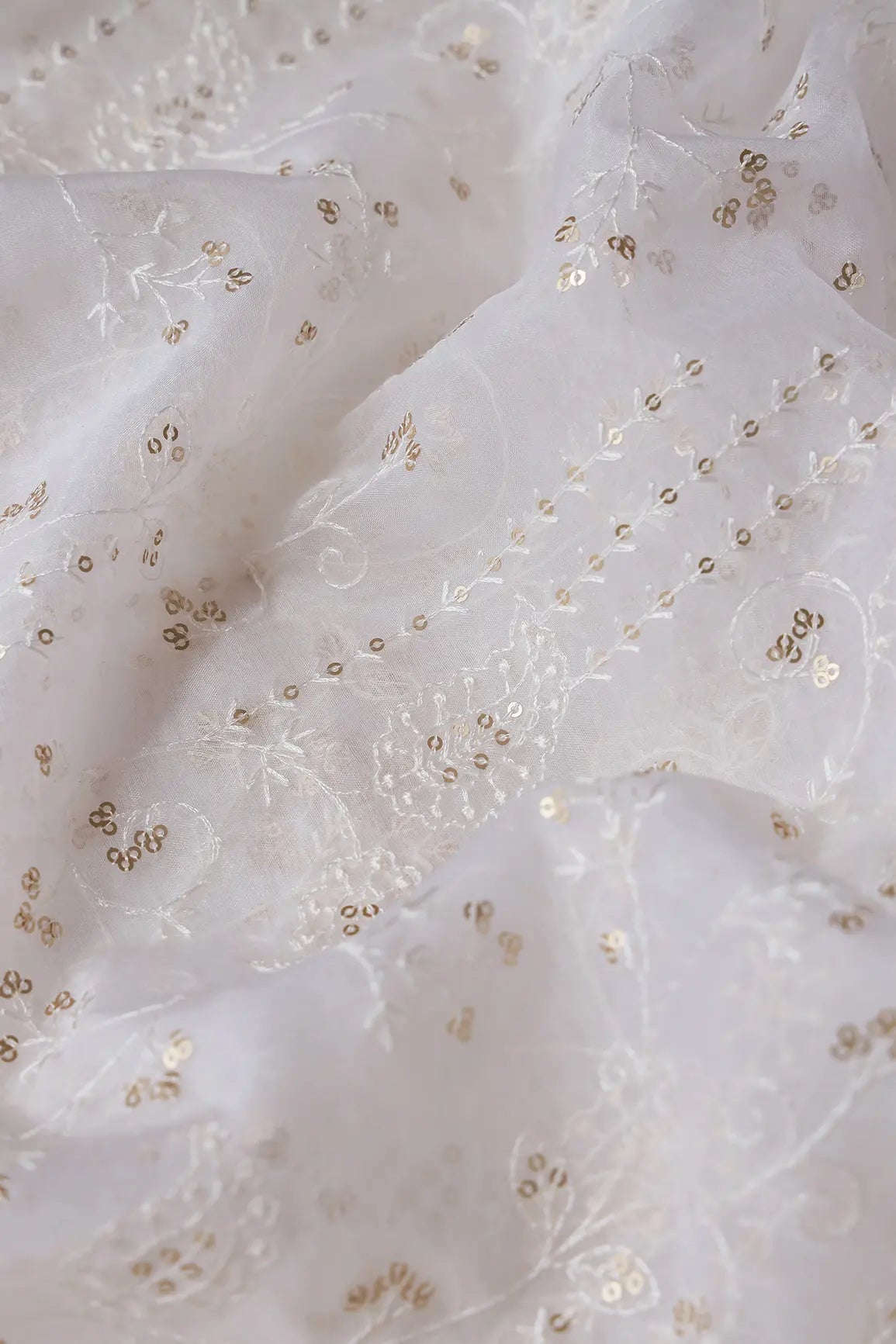 White Thread With Sequins Floral Embroidery On Dyeable White Organza Fabric