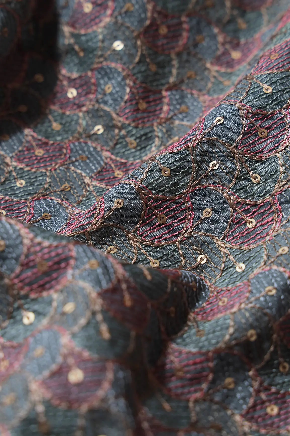 Pastel Thread With Gold Sequins Ogee Embroidery Work On Grey Raw Silk Fabric