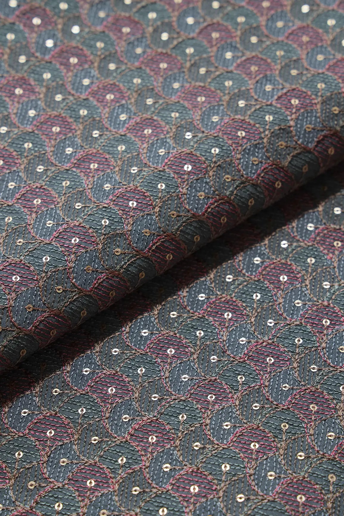 Pastel Thread With Gold Sequins Ogee Embroidery Work On Grey Raw Silk Fabric